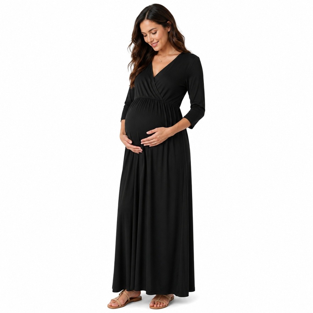 New Mother Bee Maternity Maxi Dress Women Large Black Surplice V-Neck 3/4 Sleeve